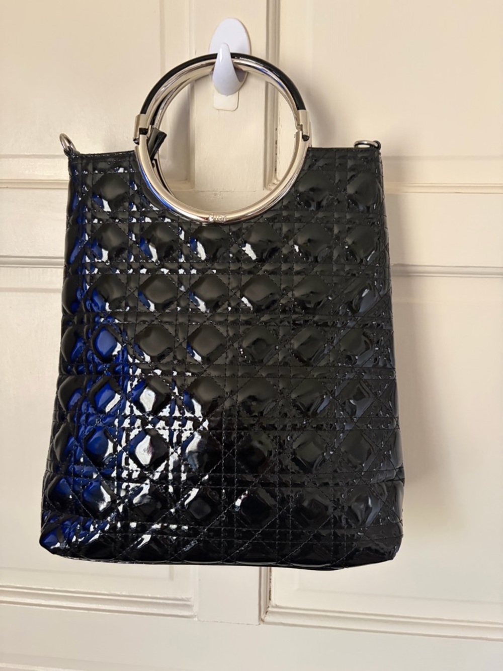 Dior Black Patent Quilted Shoulder Bag with Silver Ring Handles